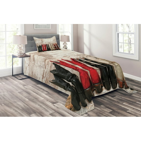 Ambesonne American Quilted Coverlet 2 Pcs, Rustic Wild West Boots, Twin Size, Beige Red Black