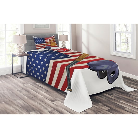 Ambesonne American Quilted Coverlet 2 Pcs, USA Flag and Baseball, Twin Size, Multicolor