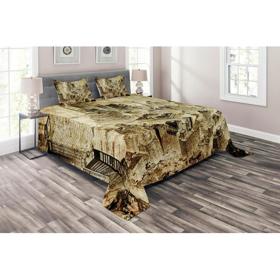 Ambesonne American Quilted Coverlet 3 Pcs, New York City at Night, King Size, Yellow