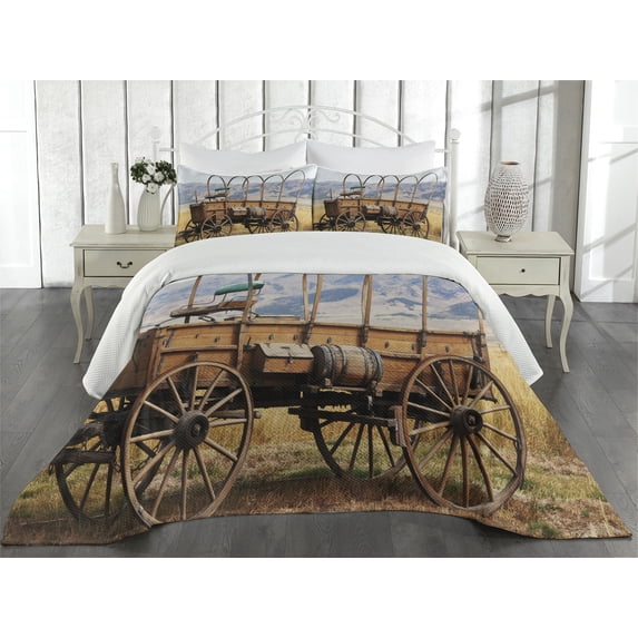 Ambesonne American Quilted Coverlet 3 Pcs, Nostalgic Wild Western, Queen Size, Brown Yellow