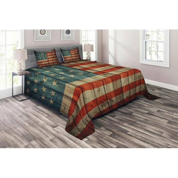 Ambesonne American Quilted Coverlet 3 Pcs, Old National Patriotic, King Size, Blue Red Pale Brown