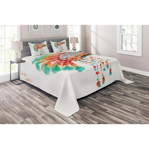 Ambesonne American Quilted Coverlet 3 Pcs, Tribe Chief Themed Design, King Size, Orange Blue