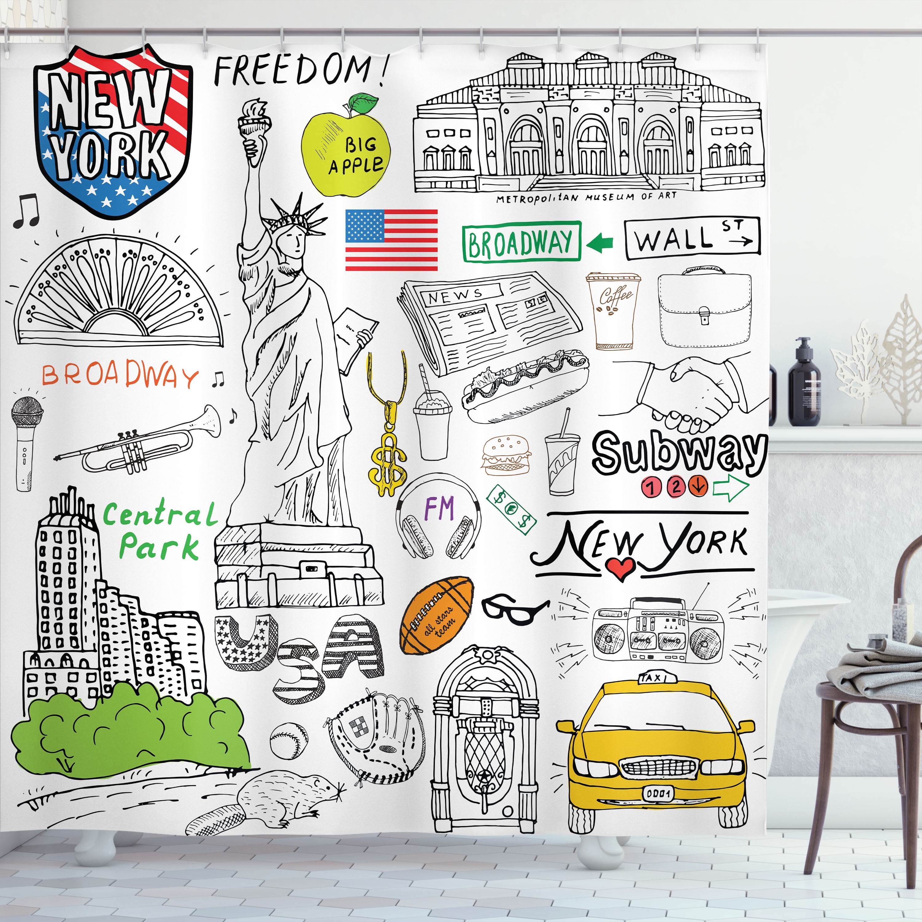 New York City Sketch Art Fabric Shower Curtain with Hooks