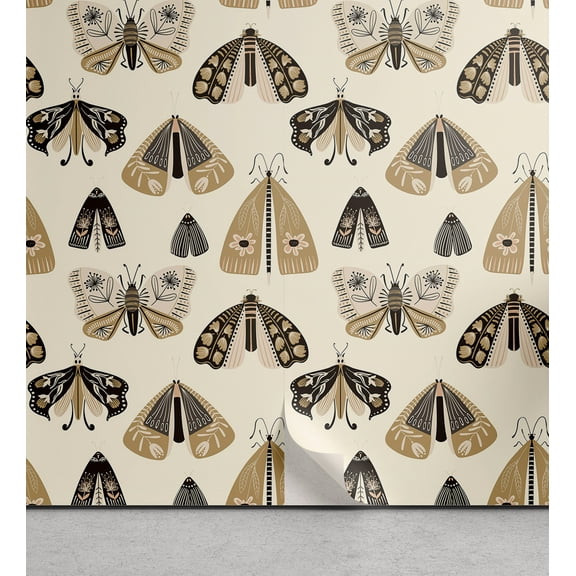 Ambesonne American Traditional Peel & Stick Wallpaper for Home, Oldschool Moth, 13"x36", Camel Cream Charcoal Grey