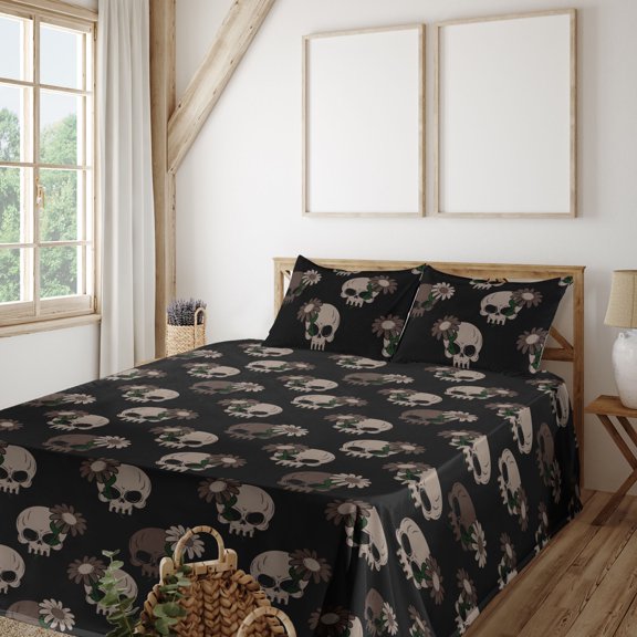 Ambesonne American Traditional Print Fitted & Flat Sheet with Shams 4 Pcs Set, Skulls, King, Charcoal Grey Eggshell