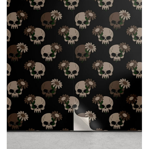 Ambesonne, American Traditional Print Peel & Stick Wallpaper for Home, Skulls, 13"x36", Charcoal Grey Eggshell