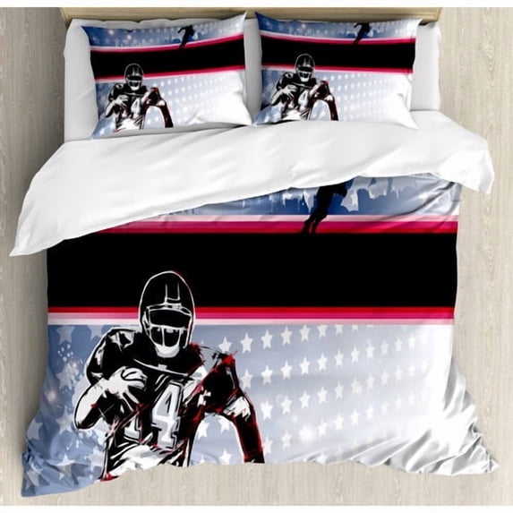 Ambesonne Americana Baseball Football Player Running in the Field with Stars Pattern Duvet Cover Set