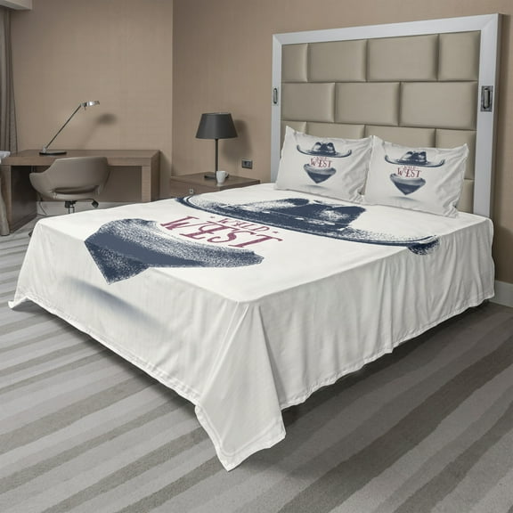 Ambesonne Americana Fitted & Top Sheet Set with Shams, Wild West Cowboy Hat, Coconut Petrol Blue