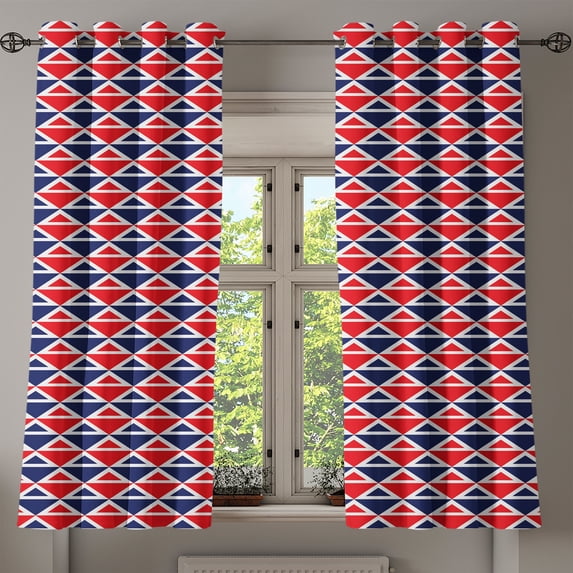 Ambesonne Americana Grommet Curtain, Half Triangles, 50" x 63", Red Dark Blue and White