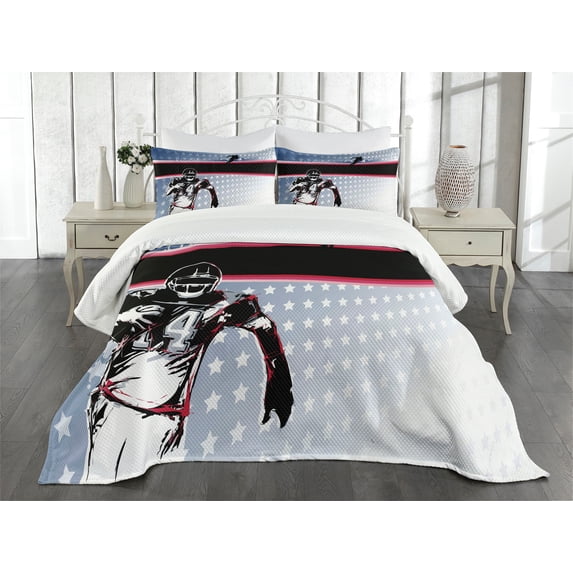 Ambesonne Americana Quilted Bedspread Set 3 Pcs, Baseball Player Stars, Queen Size, Multicolor