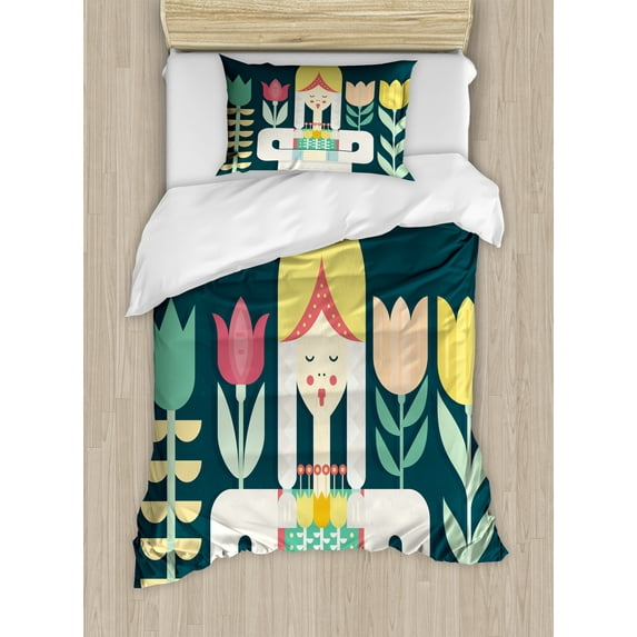 Ambesonne Amsterdam Duvet Cover Sets, Dutch Girl and Flowers, 2-Twin, Dark Teal and Multicolor