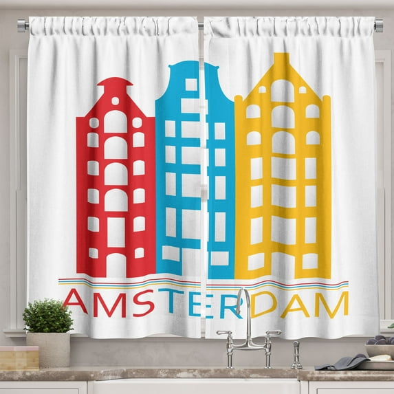 Ambesonne Amsterdam Kitchen Curtains, Amsterdam Wording Houses, 55"x45", White Multicolor