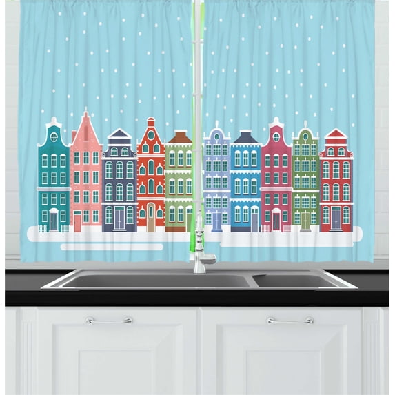 Ambesonne Amsterdam Kitchen Curtains, Snowy Town in Holland, 55"x45", Pale Blue and Multicolor
