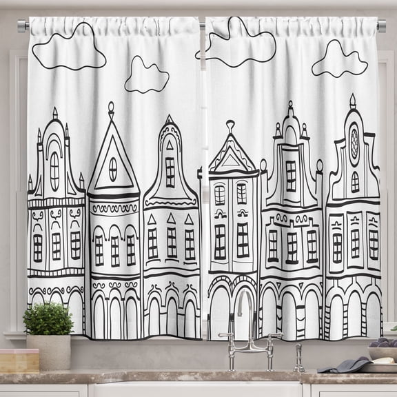 Ambesonne Amsterdam Kitchen Curtains, Village Houses Theme, 55"x45", White Charcoal Grey