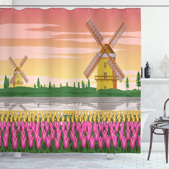 Ambesonne Amsterdam Shower Curtain, Bi-color Tulips Windmills, 69"Wx75"L, Multicolor