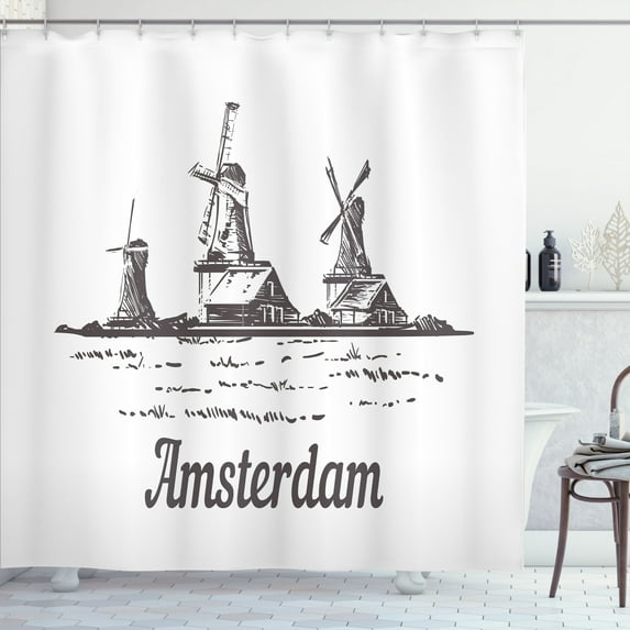 Ambesonne Amsterdam Shower Curtain, Zaanse Schans Windmills, 69"Wx84"L, Dark Grey and White