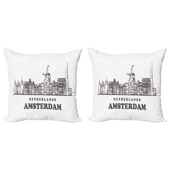 Ambesonne Amsterdam Throw Pillow Cover 2 Pack, Netherlands City Skyline, 18", Dark Taupe White
