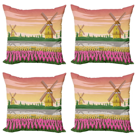 Ambesonne Amsterdam Throw Pillow Cover 4 Pack, Bi-color Tulips Windmills, 16", Multicolor