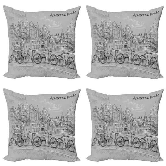 Ambesonne Amsterdam Throw Pillow Cover 4 Pack, Bicycles by the Canal, 24", Pale Taupe Dark Grey