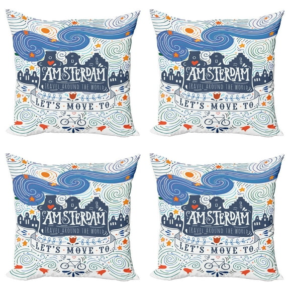 Ambesonne Amsterdam Throw Pillow Cover 4 Pack, Canal Houses Travel Words, 20", Multicolor