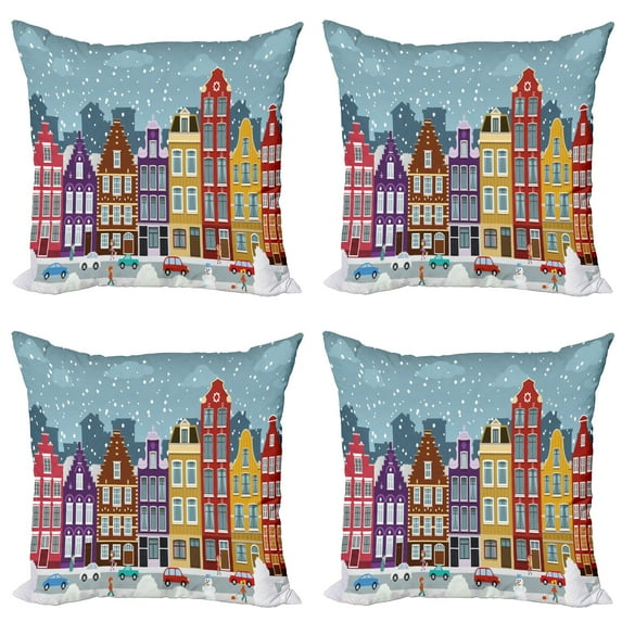 Ambesonne Amsterdam Throw Pillow Cover 4 Pack, Dutch Town in the Winter, 24", Multicolor