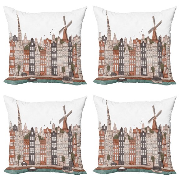 Ambesonne Amsterdam Throw Pillow Cover 4 Pack, Netherlands Historic Art, 18", Beige Burnt Sienna