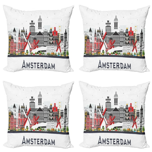 Ambesonne Amsterdam Throw Pillow Cover 4 Pack, Travel Spots Holland City, 20", Vermilion White