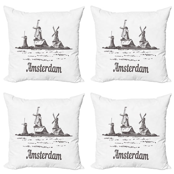 Ambesonne Amsterdam Throw Pillow Cover 4 Pack, Zaanse Schans Windmills, 16", Dark Grey and White