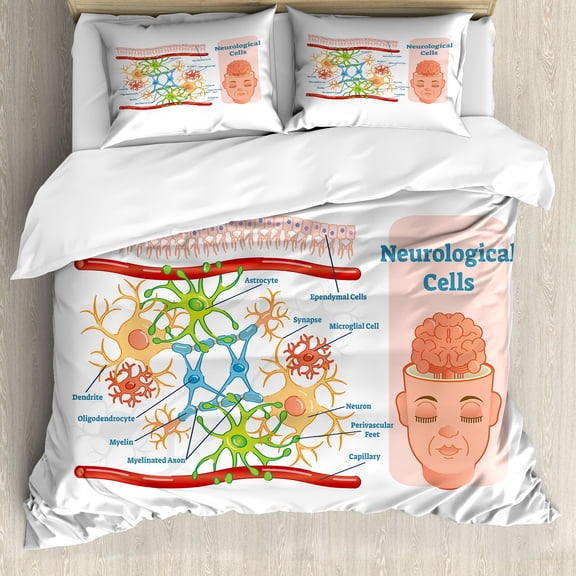 Ambesonne Anatomy Duvet Cover Set, Neurological Brain Cells, Calking, Fern Green and Pale Sky Blue