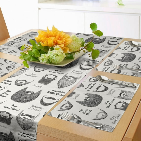 Ambesonne Anatomy Table Runner & Placemats, Various Beard and Mustaches, Placemat 4 pcs + Runner 16"x90", White and Dark Grey