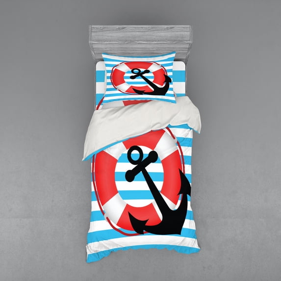 Ambesonne Anchor Bedding Set 3 Pcs, Anchor Design, Twin, Sky Blue Red Black