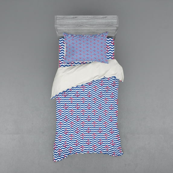 Ambesonne Anchor Bedding Set 3 Pcs, Anchors Slhouettes Waves, Twin XL, Blue Dark Coral White