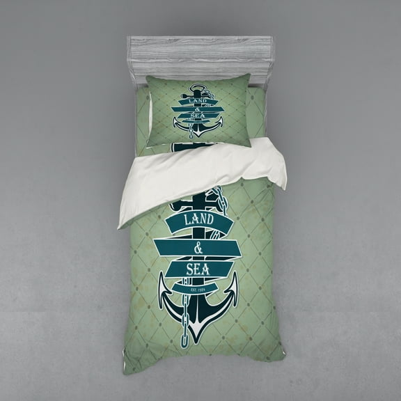 Ambesonne Anchor Bedding Set 3 Pcs, Diamond Pattern Nautical, Twin, Teal Pale Green