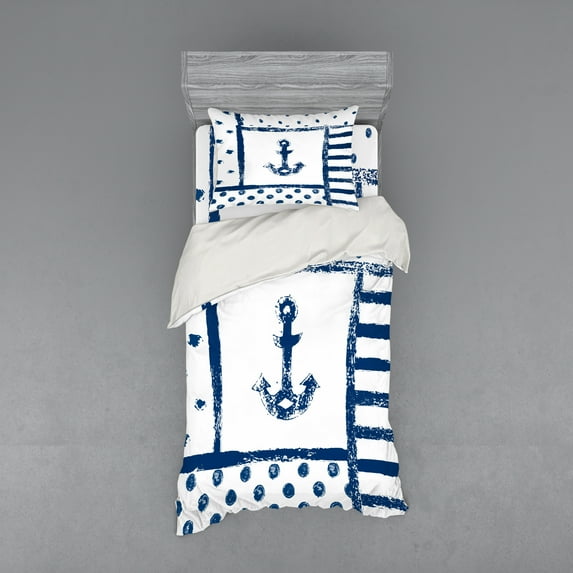 Ambesonne Anchor Bedding Set 3 Pcs, Grunge Boat Navy Theme, Twin, Dark Blue White