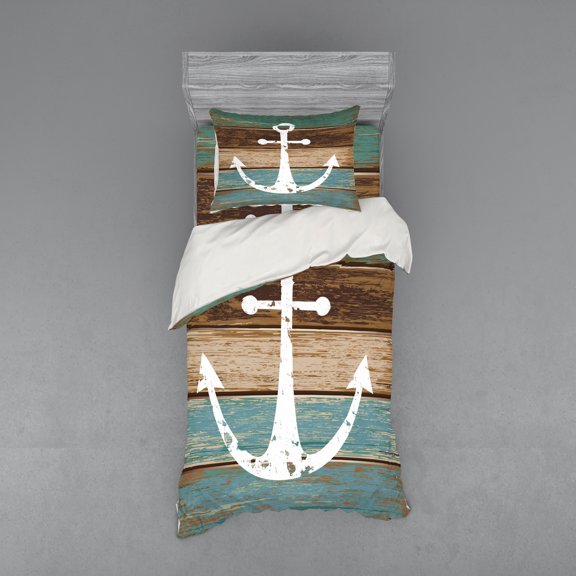 Ambesonne Anchor Bedding Set 3 Pcs, Grunge Marine Wooden Plank, Twin XL, Multicolor