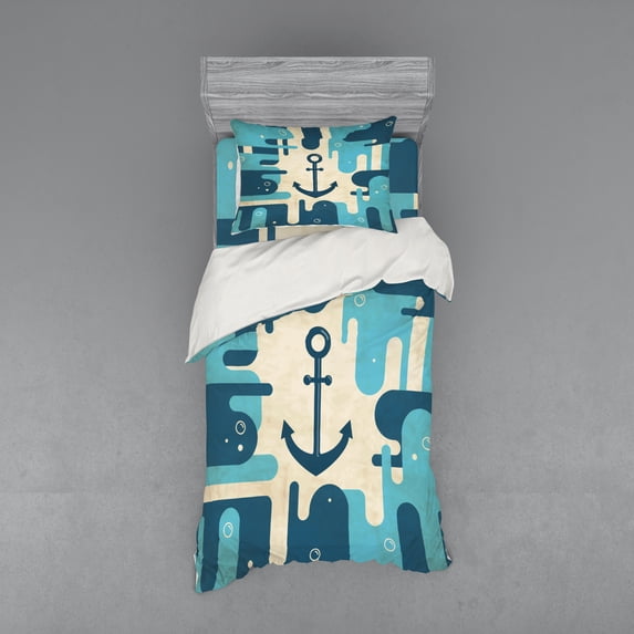 Ambesonne Anchor Bedding Set 3 Pcs, Sea Abstract Design, Twin, Cream Dark Blue
