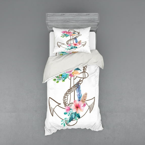 Ambesonne Anchor Bedding Set 3 Pcs, Spring Blossoms Feathers, Twin, Brown Pale Pink