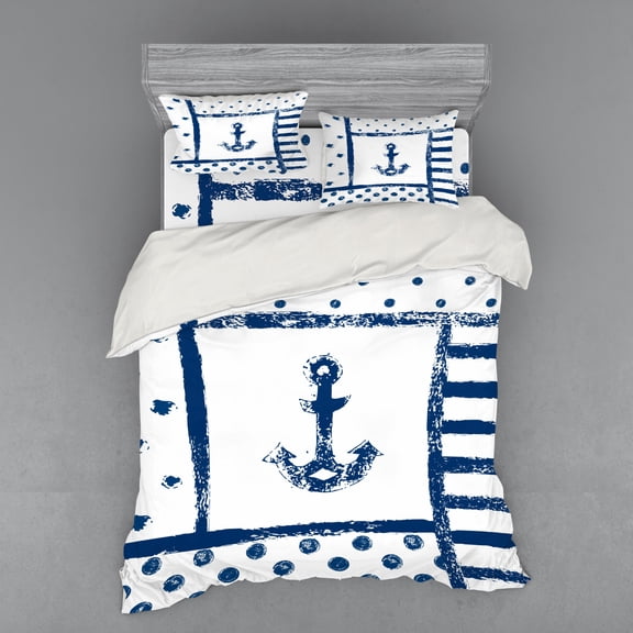 Ambesonne Anchor Bedding Set 4 Pcs, Grunge Boat Navy Theme, Queen, Dark Blue White