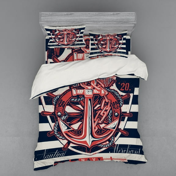 Ambesonne Anchor Bedding Set 4 Pcs, Marine Design, Queen, Beige Indigo Red