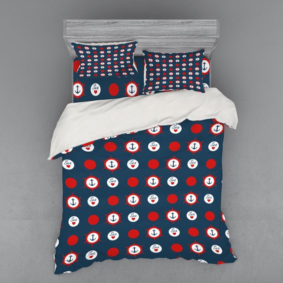 Ambesonne Anchor Bedding Set 4 Pcs, Marine Ship Helm Design, Queen, Night Blue Vermilion