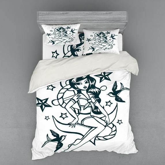 Ambesonne Anchor Bedding Set 4 Pcs, Pin-up Girl Sailor Suit, Queen, Teal and White