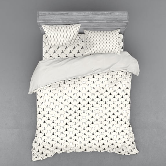 Ambesonne Anchor Bedding Set 4 Pcs, Retro Marine Style, Queen, Black White