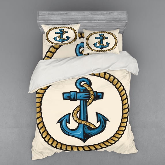 Ambesonne Anchor Bedding Set 4 Pcs, Sailor Emblem with, Queen, Pale Coffee Blue Cream