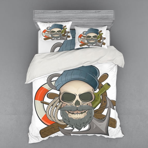 Ambesonne Anchor Bedding Set 4 Pcs, Sailor Skull Nautical, Queen, Multicolor