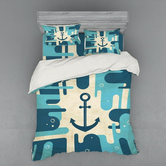 Ambesonne Anchor Bedding Set 4 Pcs, Sea Abstract Design, Queen, Cream Dark Blue
