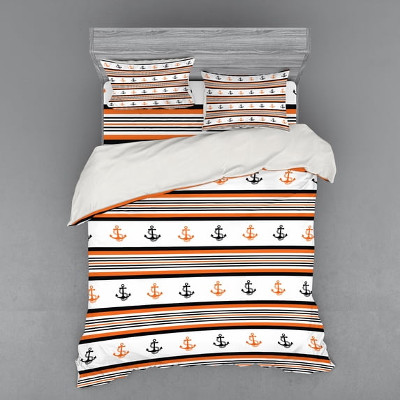 Ambesonne Anchor Bedding Set 4 Pcs, Summer Season Pattern, Queen, Orange Black White