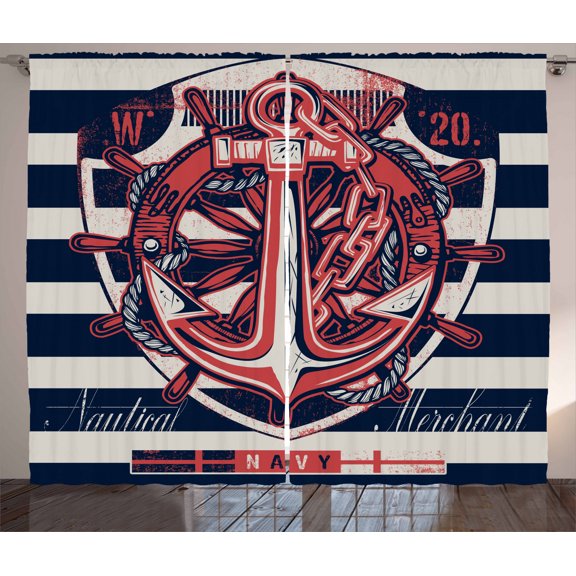 Ambesonne Anchor Curtains 2 Panel Set, Marine Design, 108" x 84", Beige Indigo Red