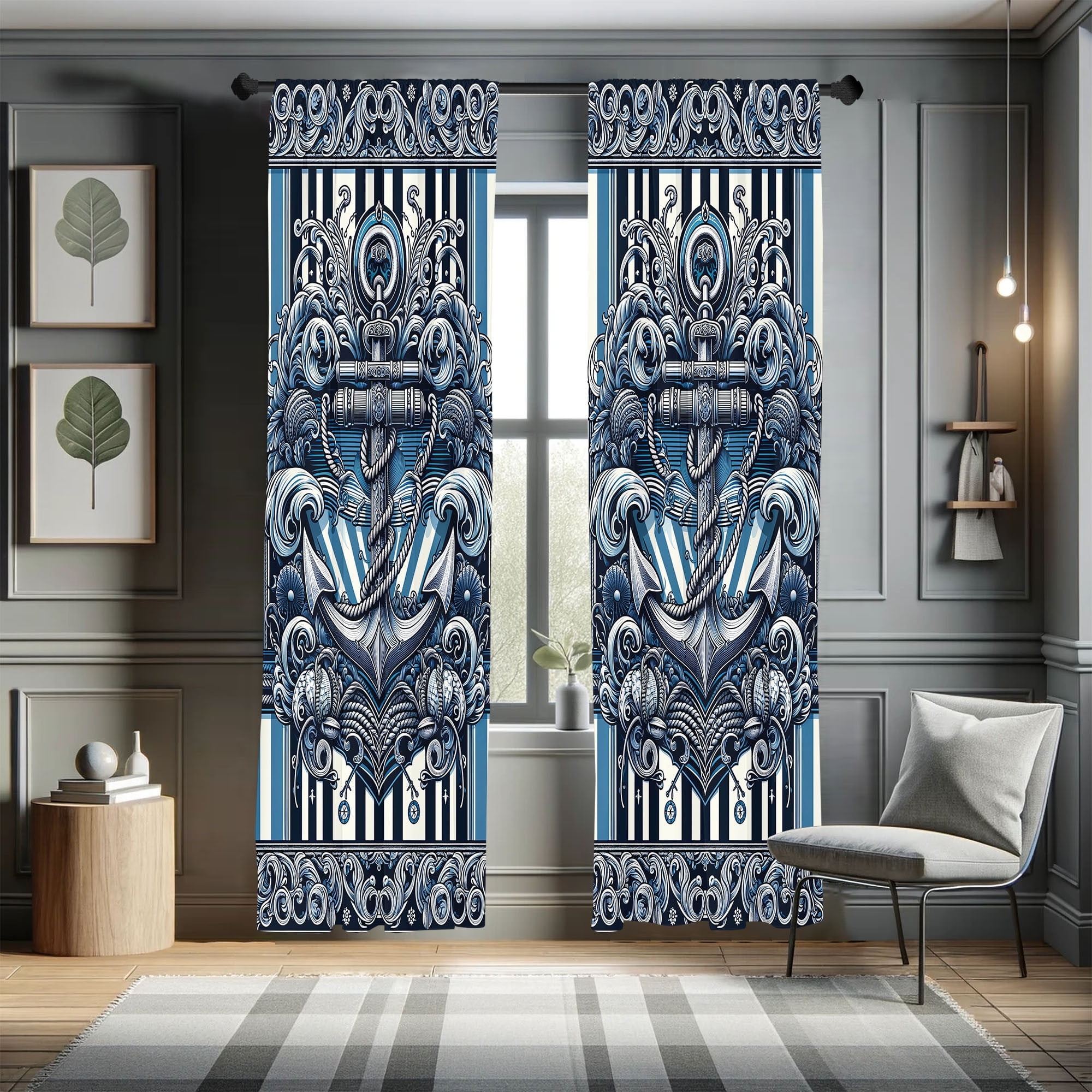 Nautical Anchor Blue and White Microfiber Curtain Set