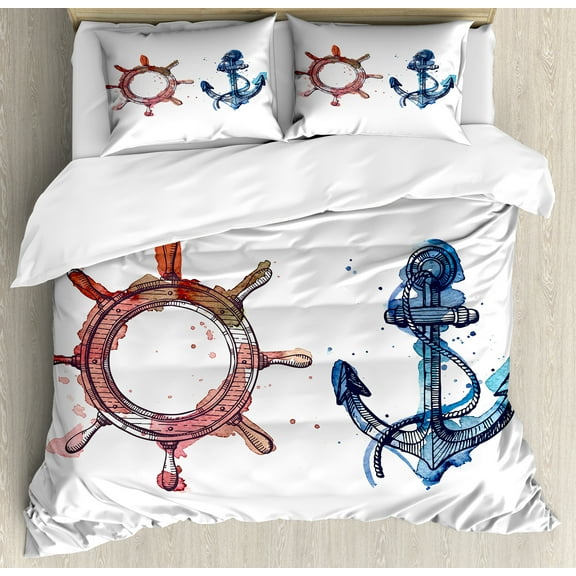 Ambesonne Anchor Duvet Cover Set, Nautical Steering Wheel, Queen, Pink Blue