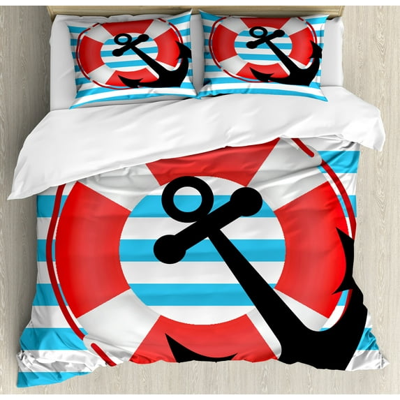 Ambesonne Anchor Duvet Cover Sets, Anchor Design, 2-Queen, Sky Blue Red Black